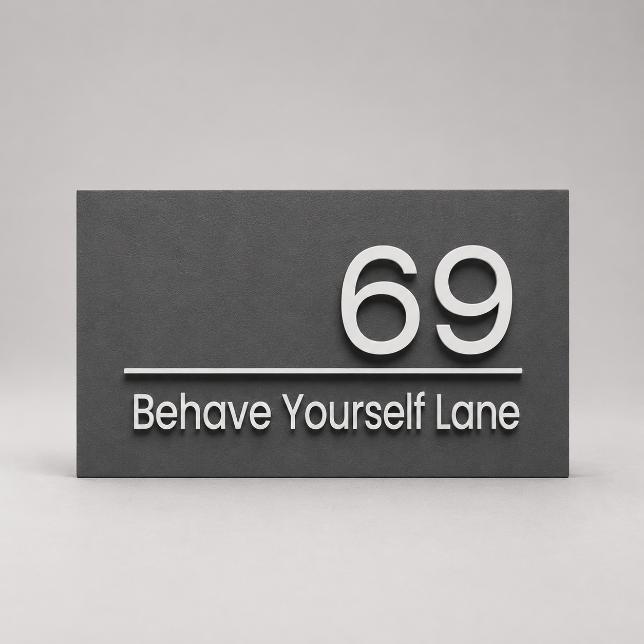 Black sign with white text '69 Behave Yourself Lane' on a gray background