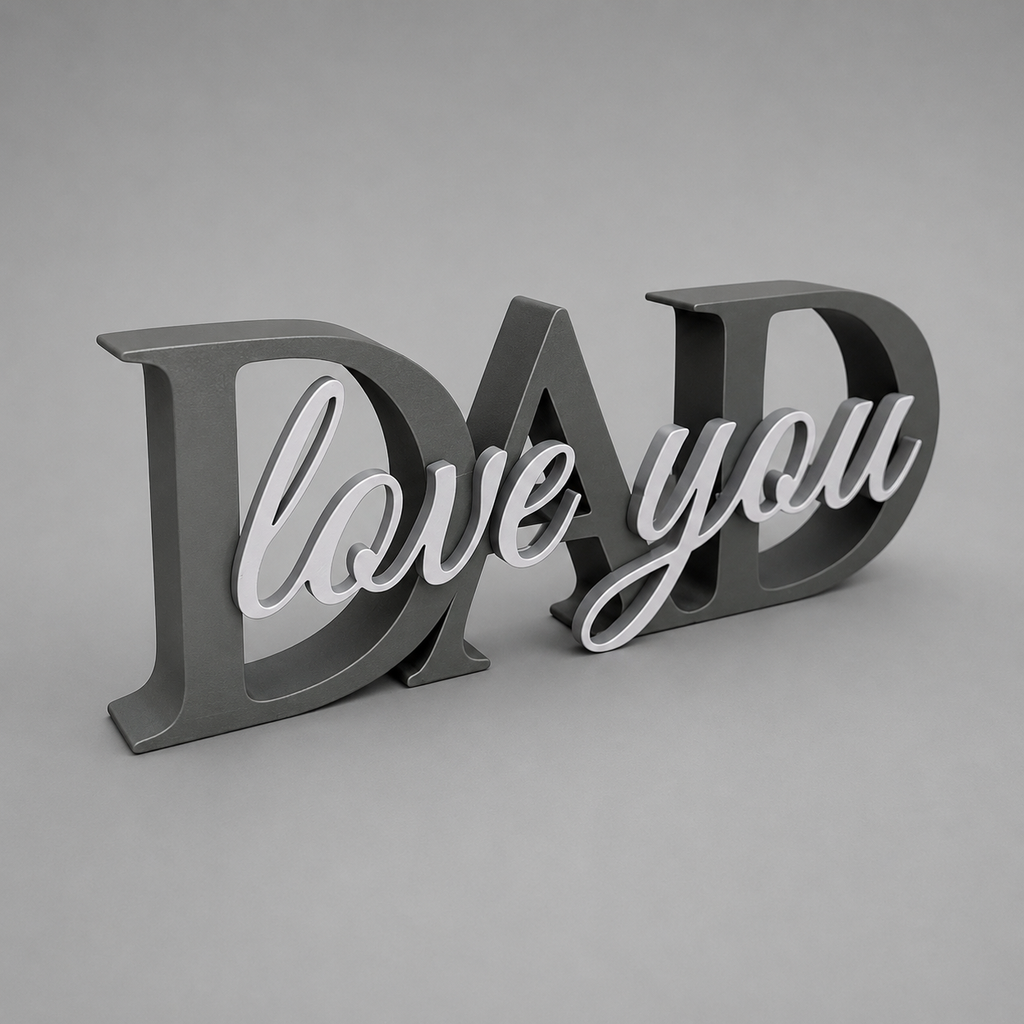 3D text 'DAD love you' on a gray background