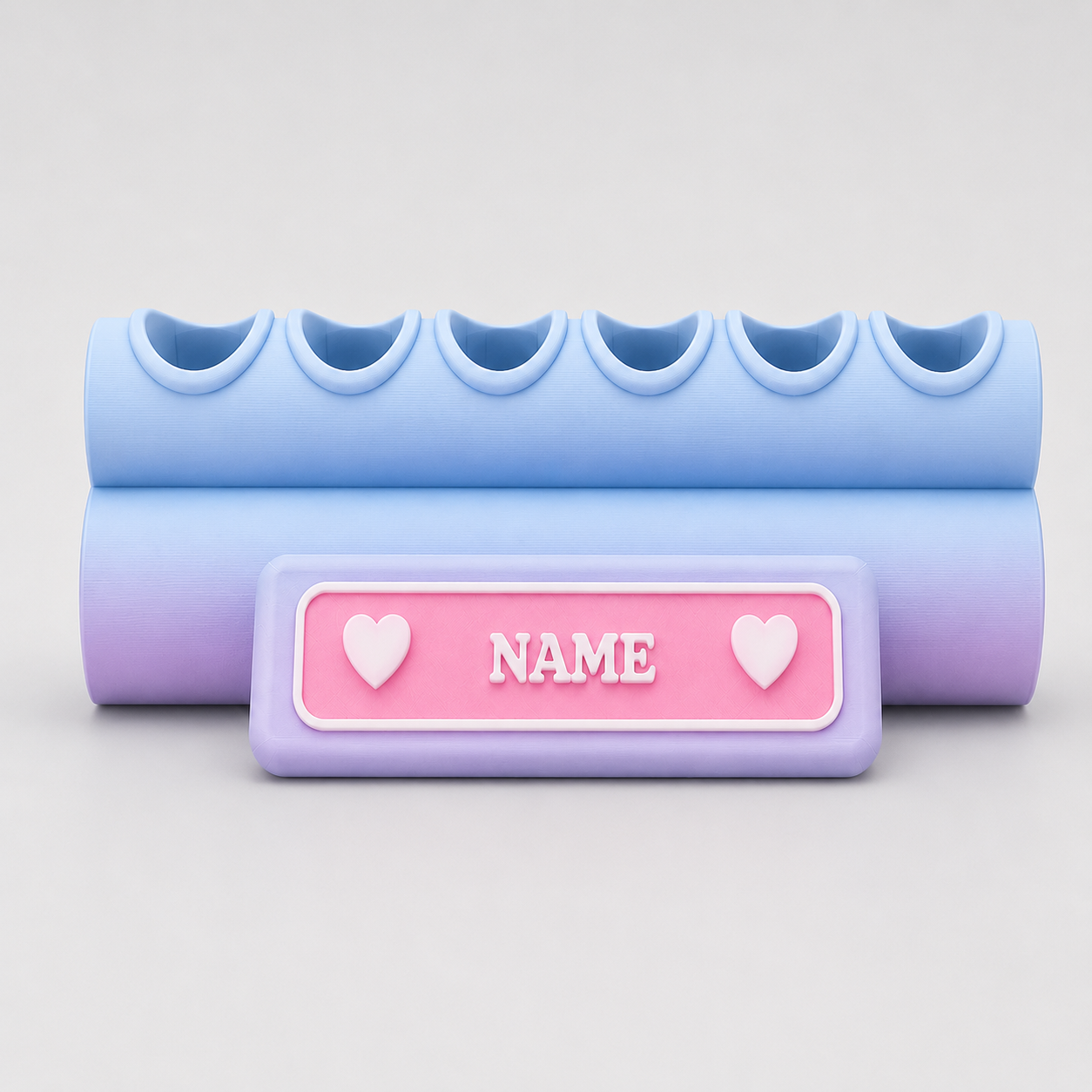 Gradient blue to purple holder with 'NAME' label on a light gray background