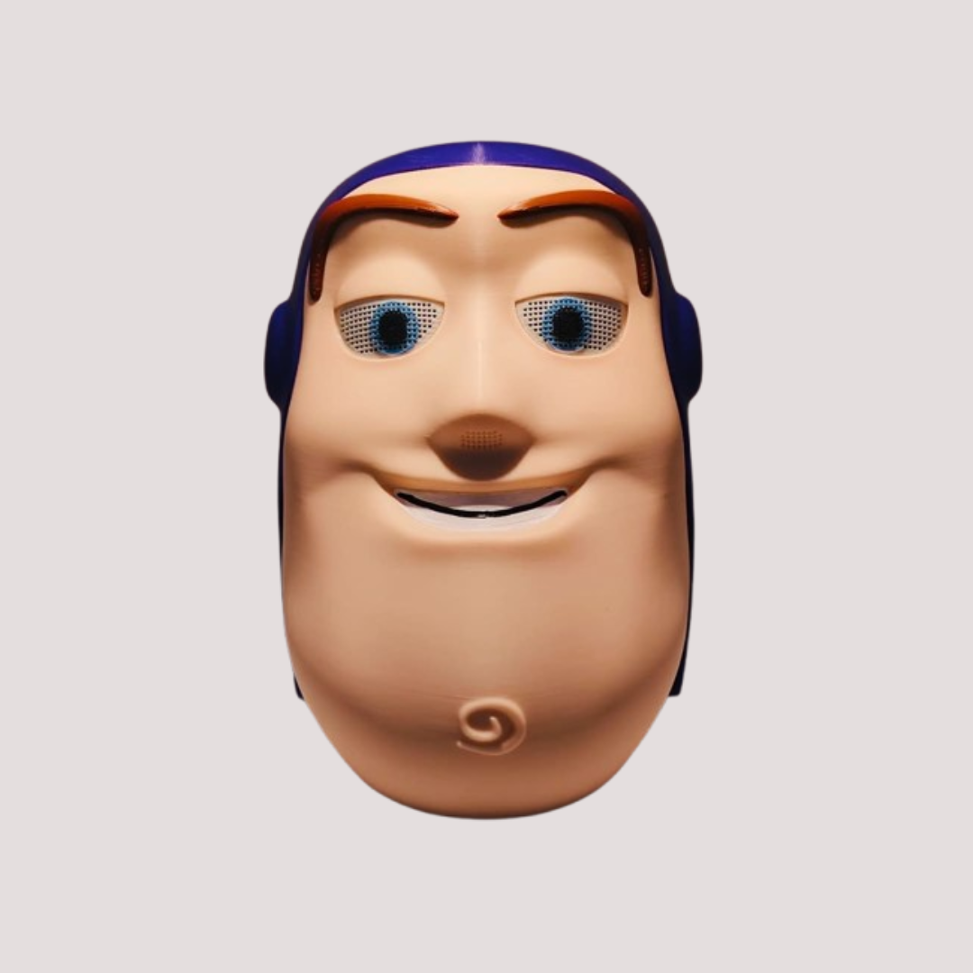 Buzz Lightyear inspired wearable mask with purple head covering and blue mesh-style eyes