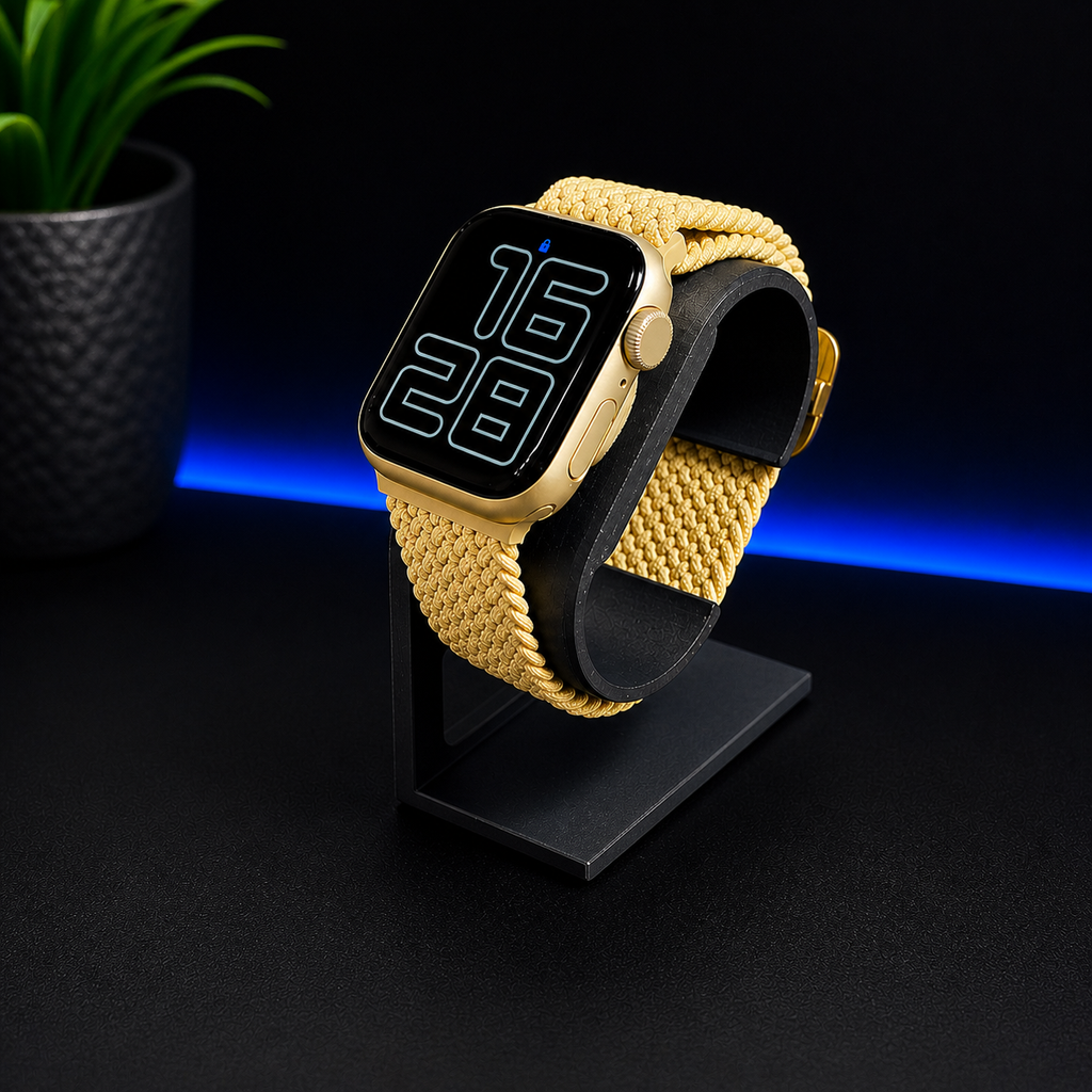 Smartwatch with a yellow braided band on a black stand against a dark background