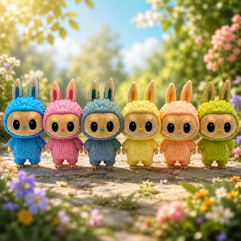 La Bu Bu inspired bunny figures in a range of pastel colours including blue, pink, teal, yellow, orange and green