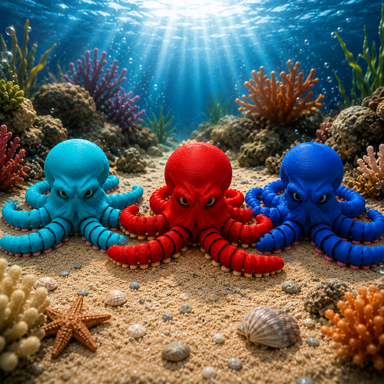 Articulated Octopus figures in blue, red and teal underwater lifestyle shot