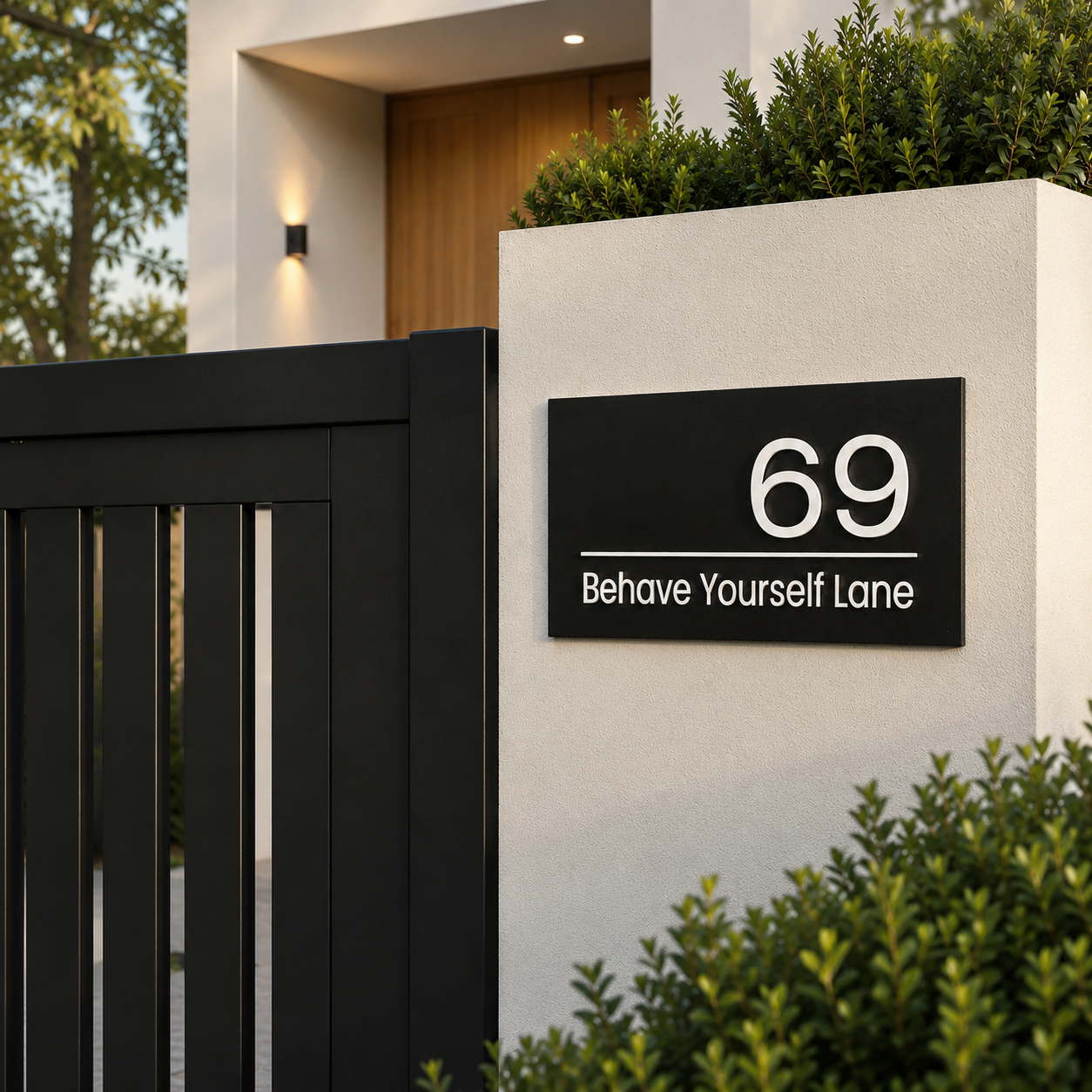 House number sign '69 Behave Yourself Lane' on a modern building exterior.