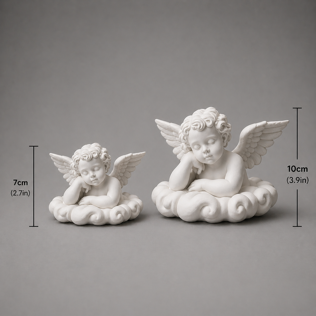 Two white angel figurines on a gray background with measurements indicated.