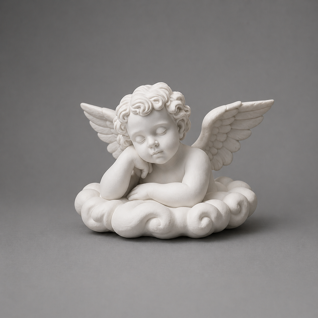 White statue of a cherub sitting on a cloud against a gray background