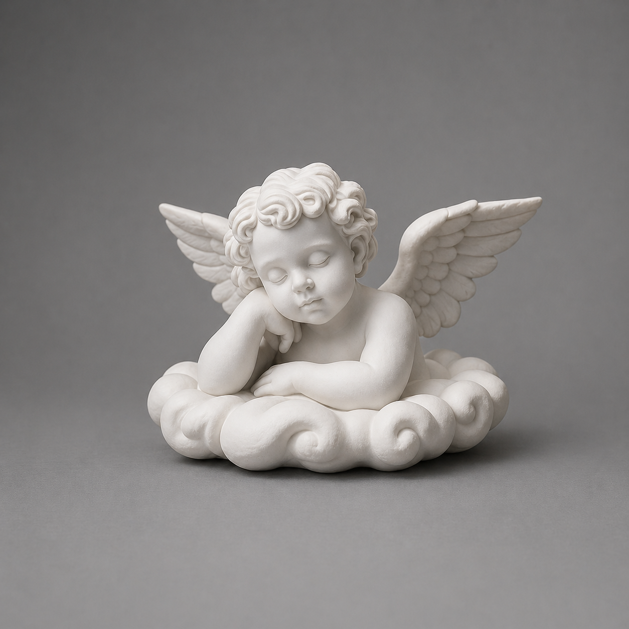 White statue of a cherub sitting on a cloud against a gray background