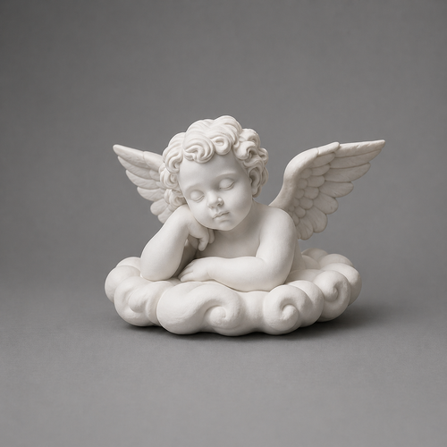 White statue of a cherub sitting on a cloud against a gray background