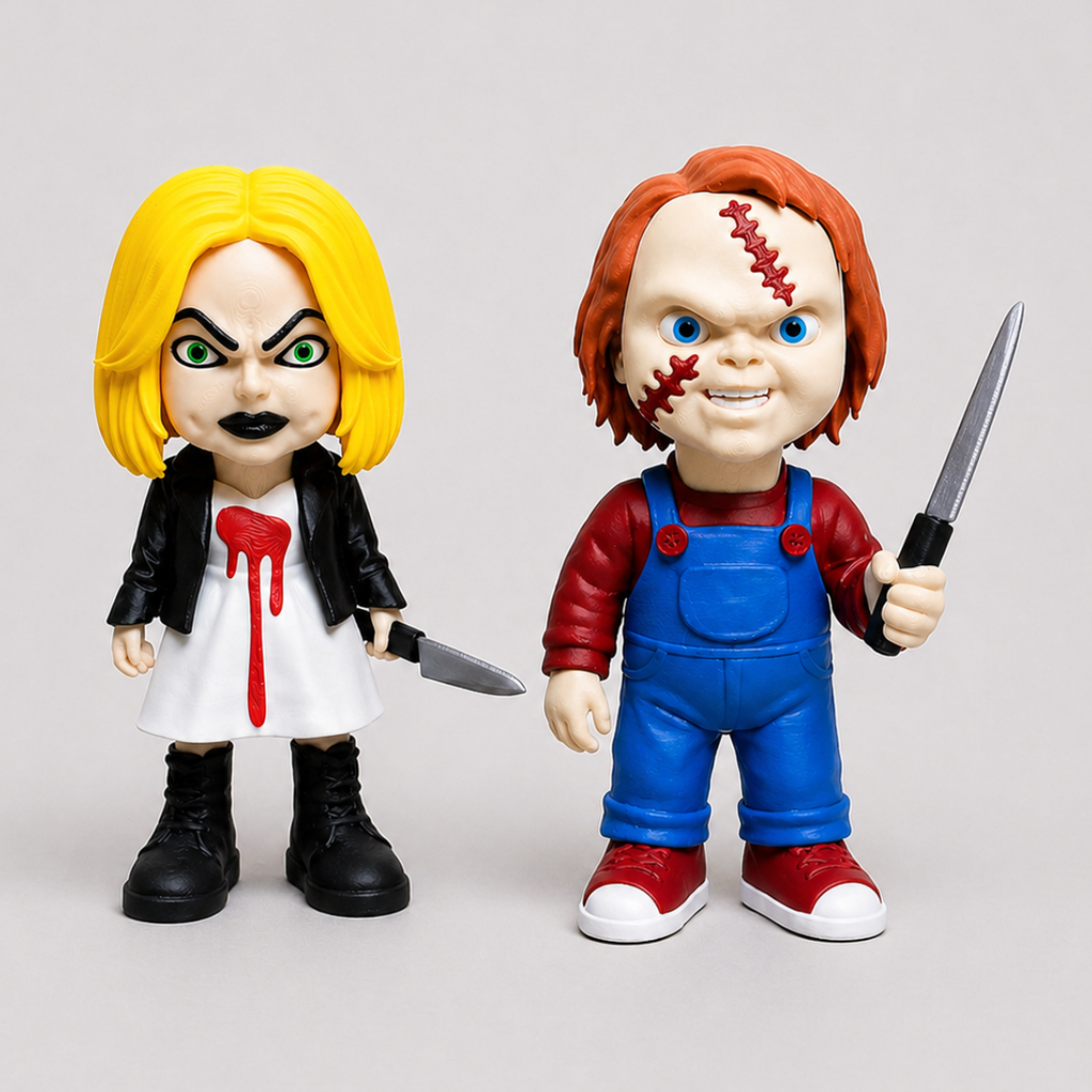 Two action figures, one with blonde hair and the other with red hair, holding knives on a light gray background.