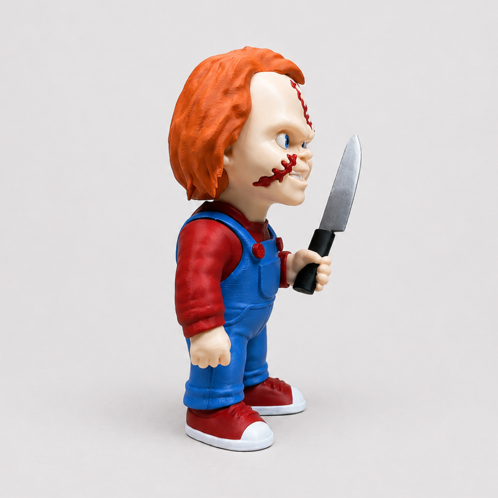 Toy figure with red hair, blue overalls, and holding a knife on a light gray background