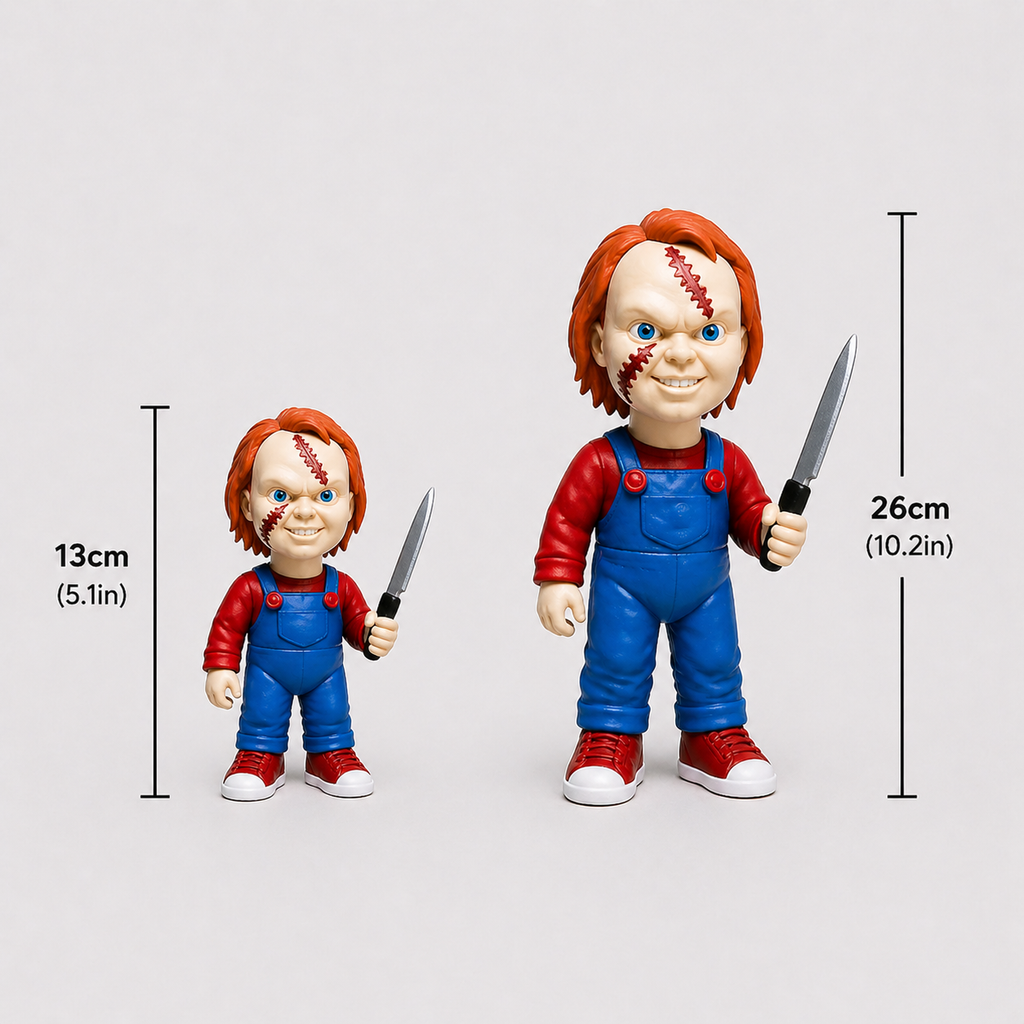 Two toy figures of a character in red hair, blue overalls, and red shoes holding knives with measurements on a light gray background.