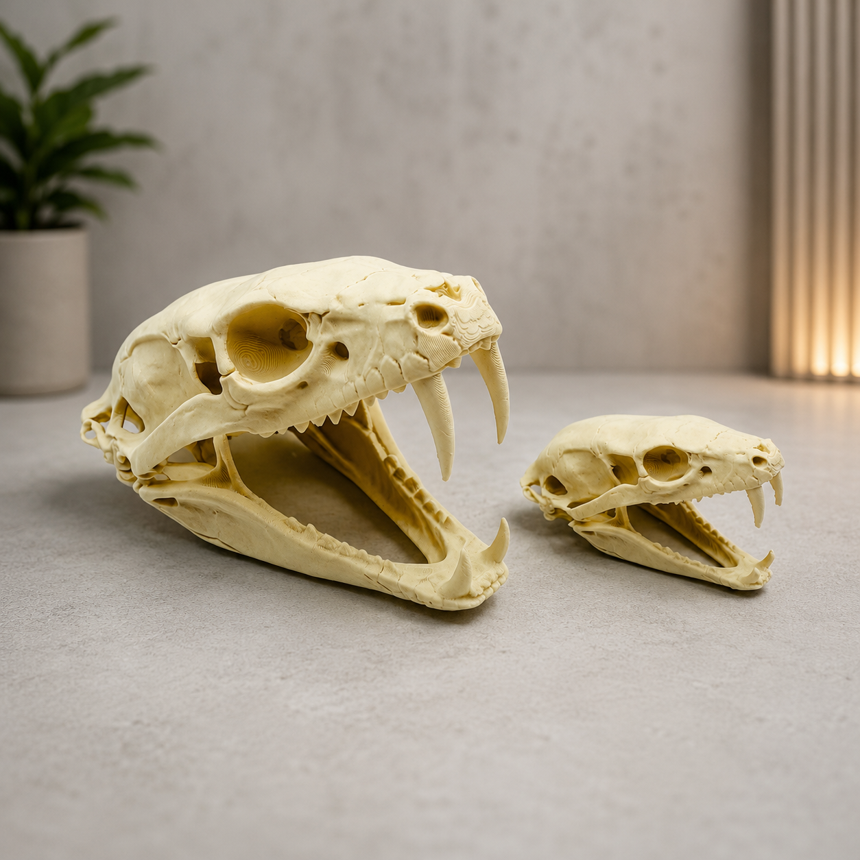 Cobra skull replica 3D printed — large and small sizes shown