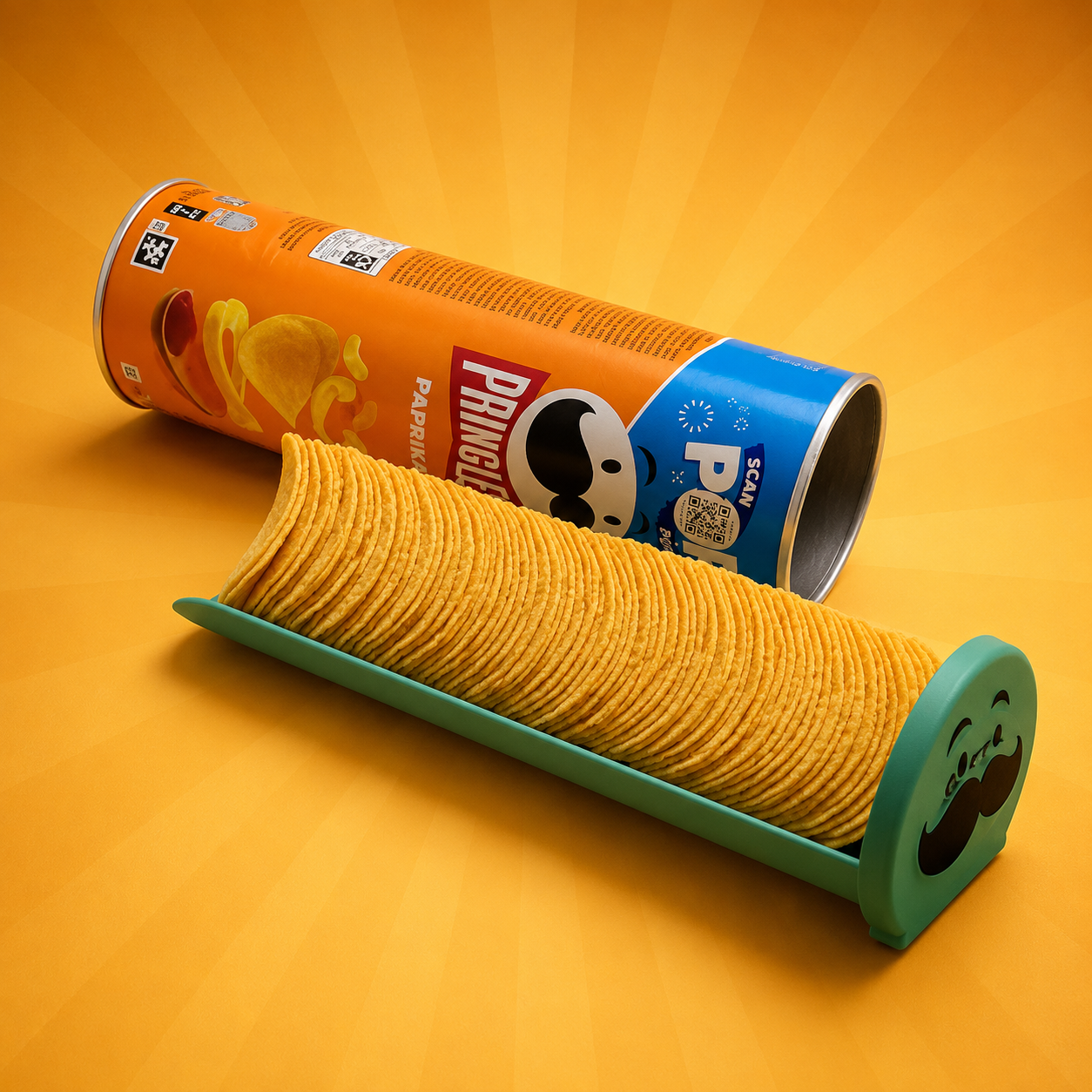 Pringles canister with a green holder filled with chips on an orange background