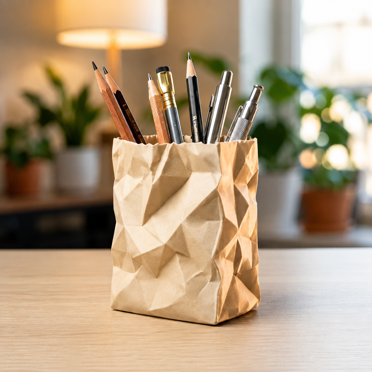 Pencil holder made from a brown paper bag filled with pens and pencils on a wooden surface.