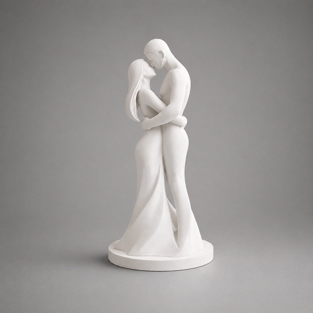 White sculpture of two people embracing on a gray background