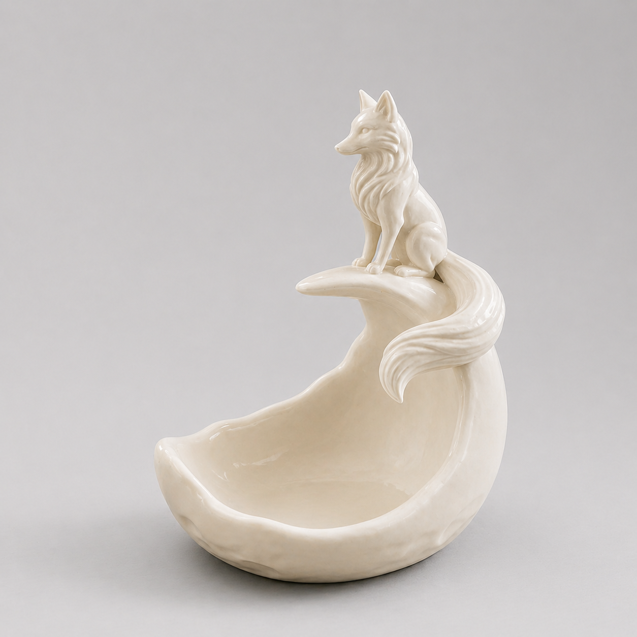 White ceramic sculpture of a wolf on a crescent moon against a gray background