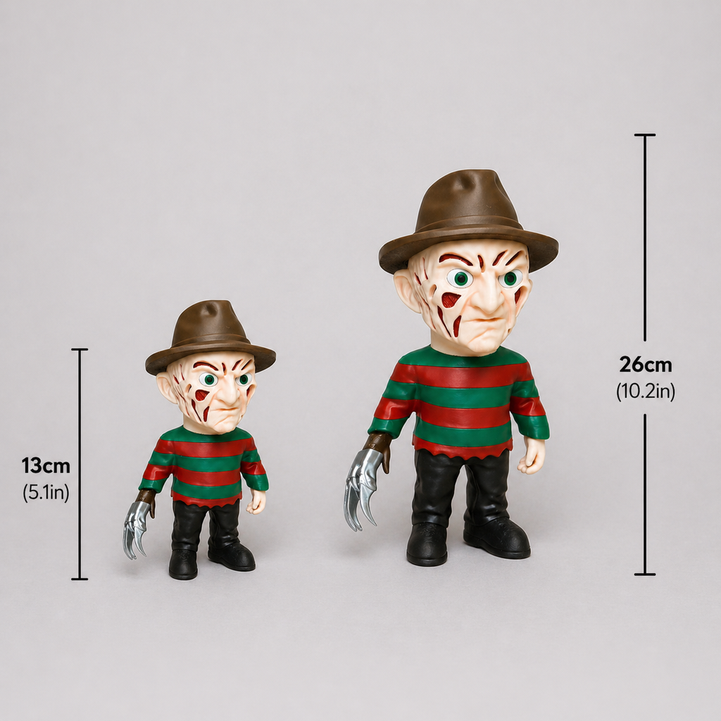 Two Freddy Krueger action figures with measurements on a gray background