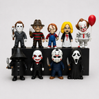 Collection of horror-themed action figures on a stand with a plain background