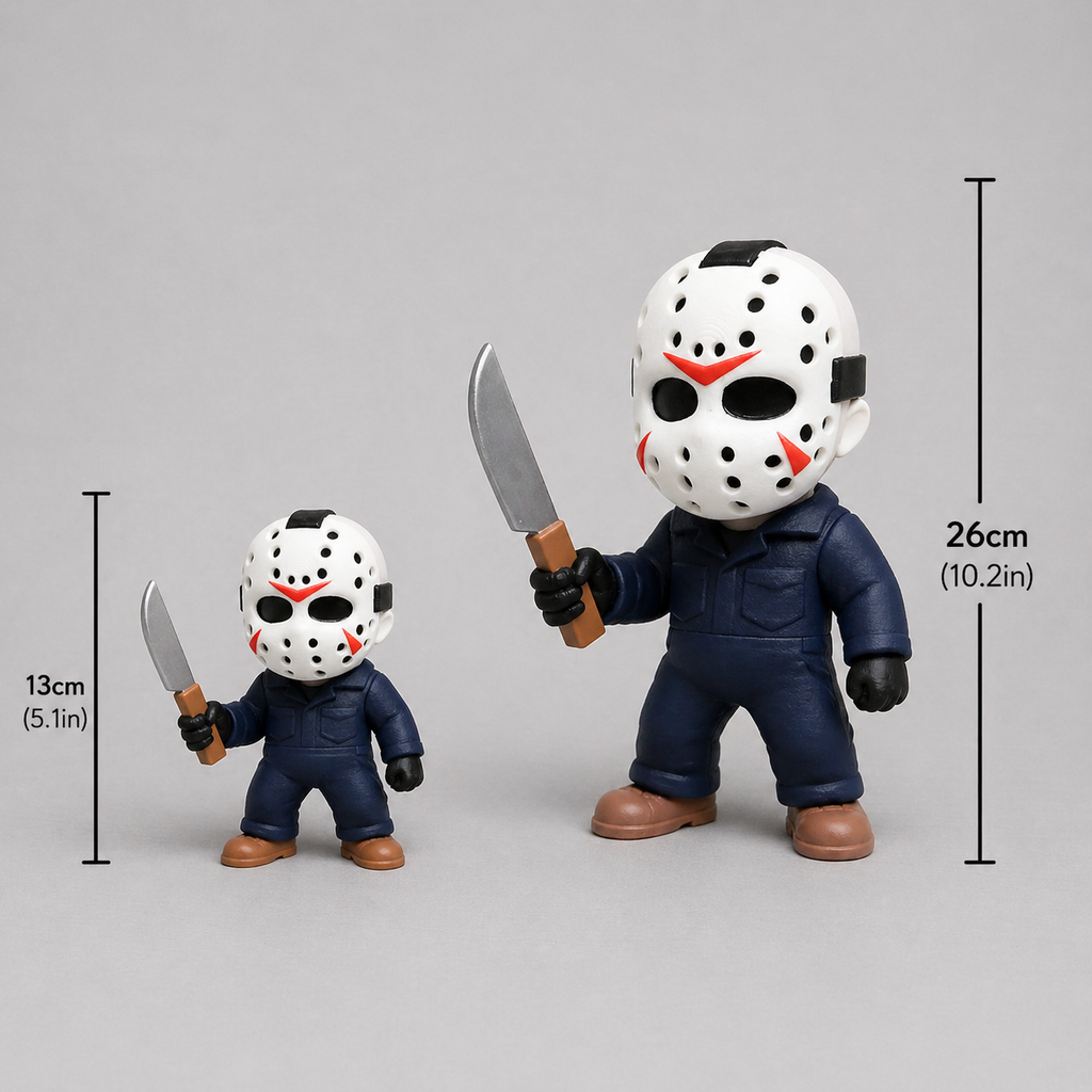 Two action figures with hockey masks and knives, one larger than the other, on a gray background with measurements indicated.