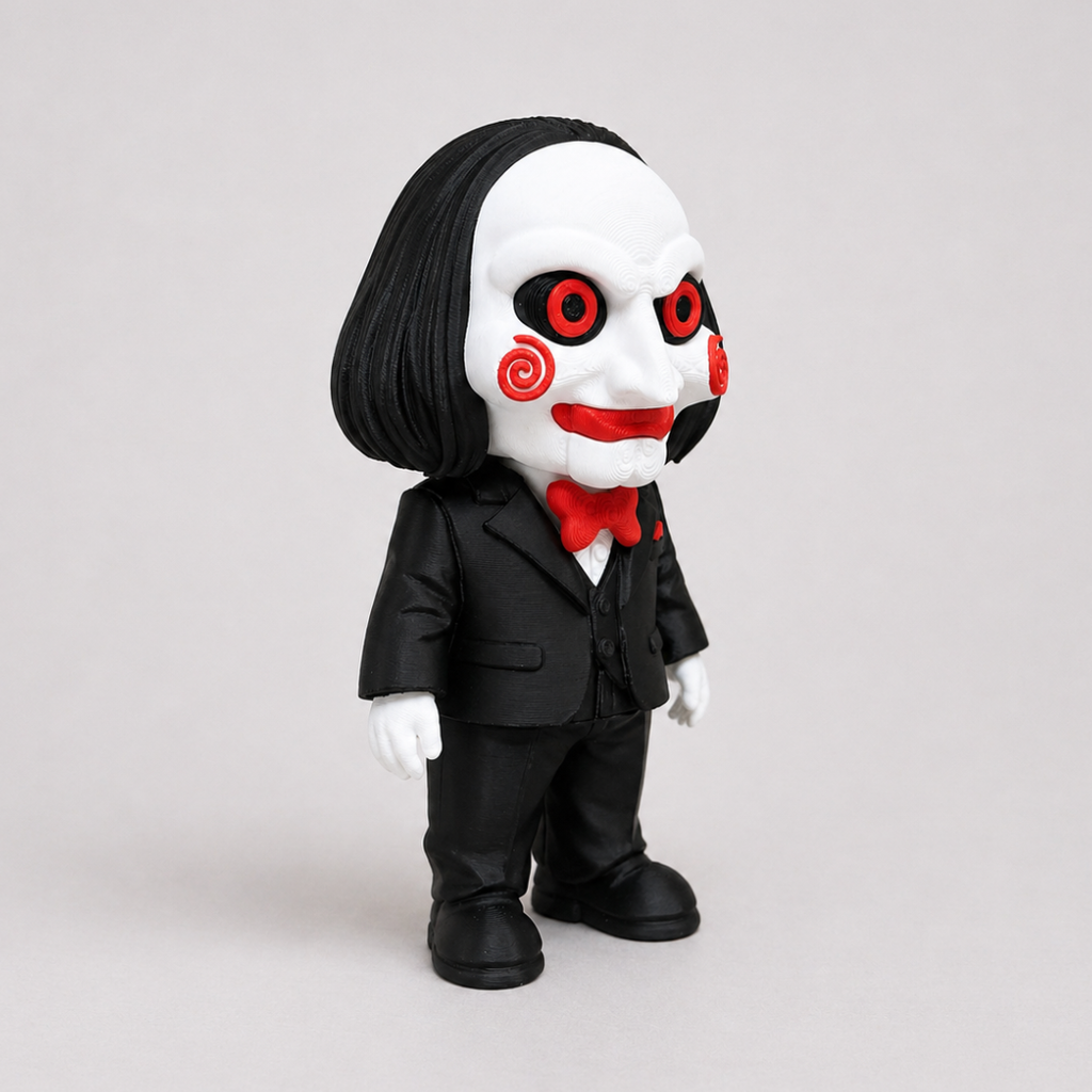 Toy figure with a black suit, white face, and red eyes on a light gray background