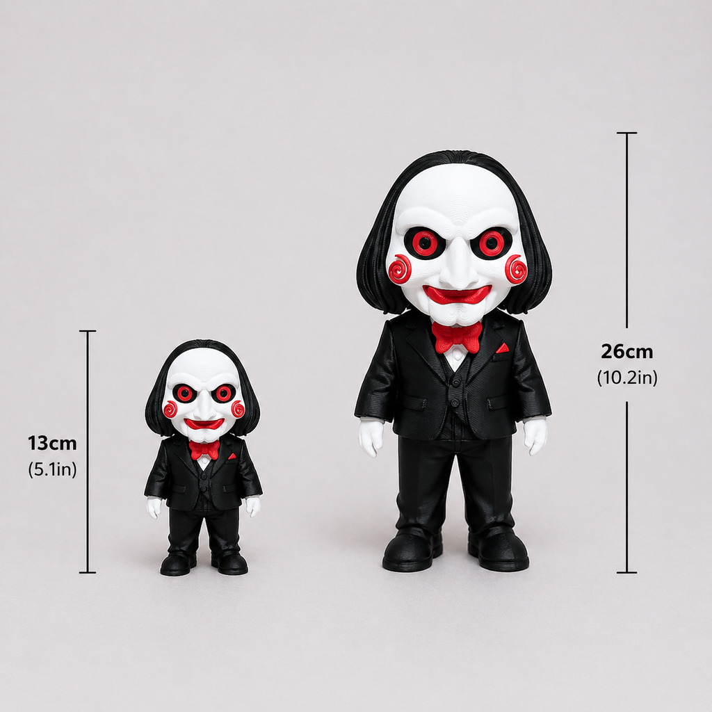 Two toy figures in black suits with white faces and red eyes, accompanied by measurements on a light gray background.