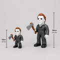 Two action figures with axes, one larger than the other, on a gray background with measurements indicated.