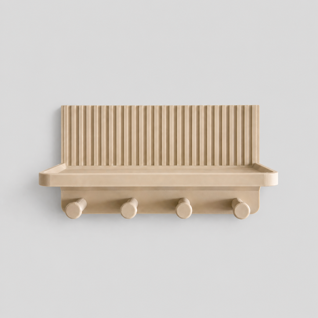 Beige wall-mounted shelf with four hooks on a light gray background
