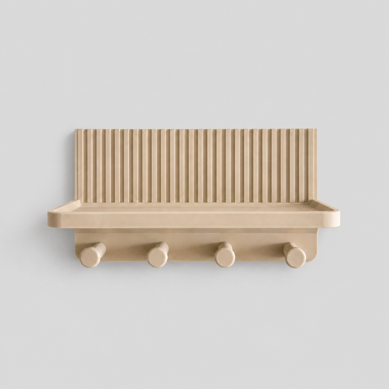 Beige wall-mounted shelf with four hooks on a light gray background