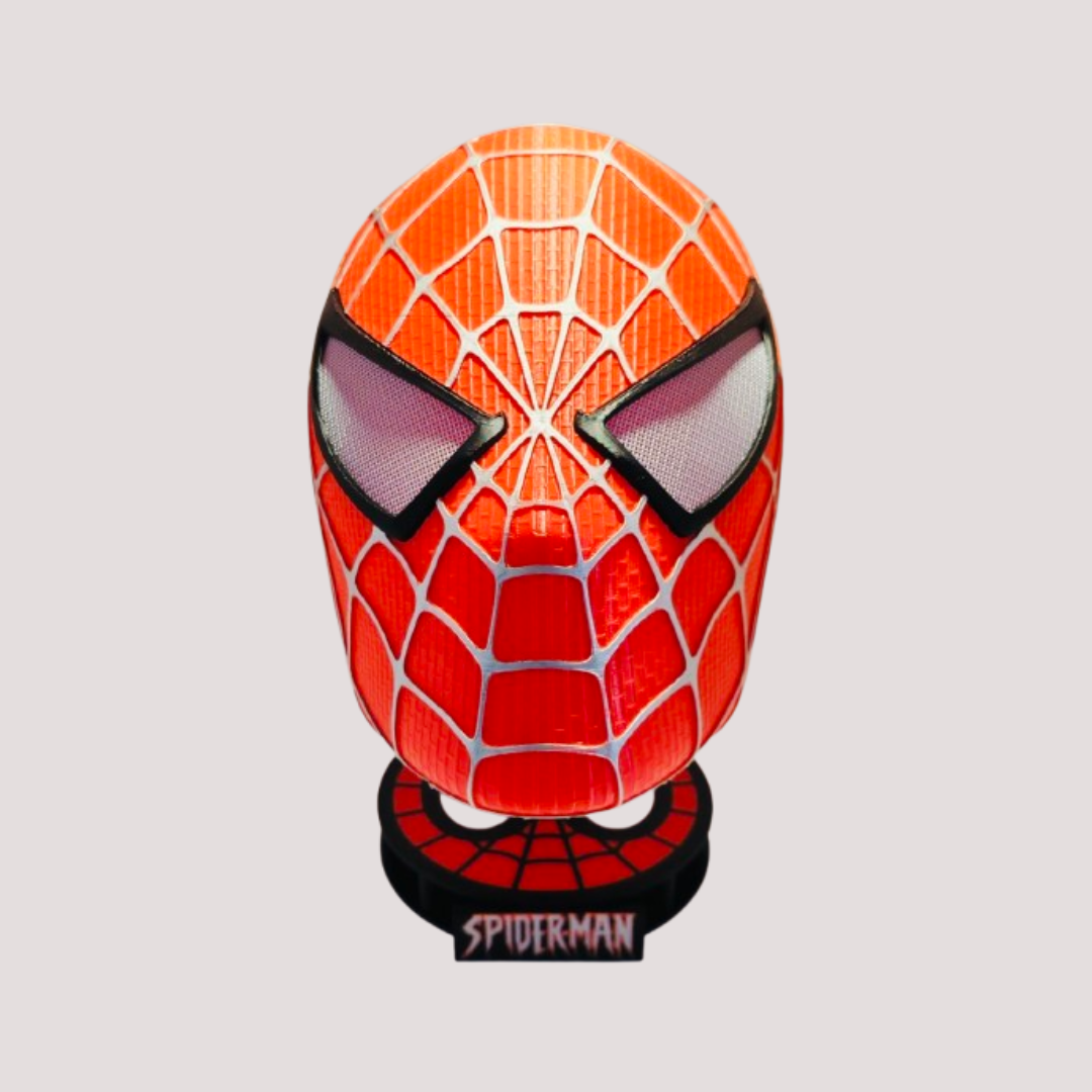 Red Original Spider-Man inspired wearable mask with silver-toned web detailing, shown on its matching display stand