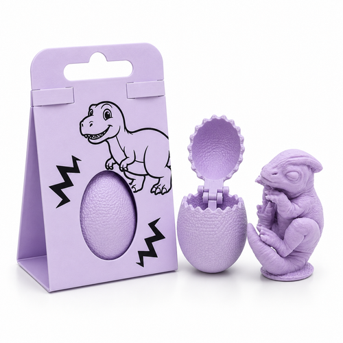 Purple dinosaur toy set with egg and hatchling, including packaging on a white background