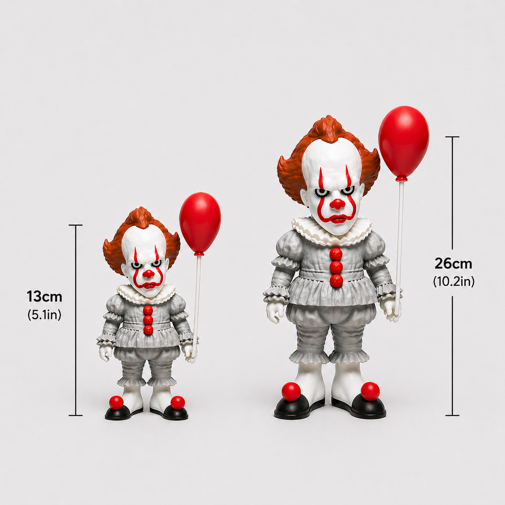 Two Pennywise action figures with balloons and measurements on a light gray background