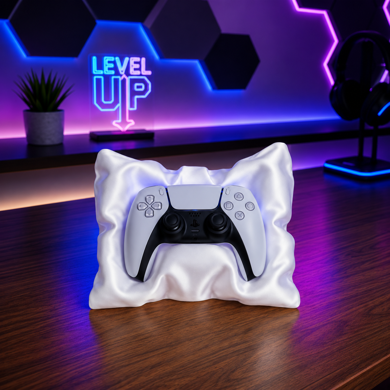 Gaming controller on a white pillow with a neon 'Level Up' sign in the background