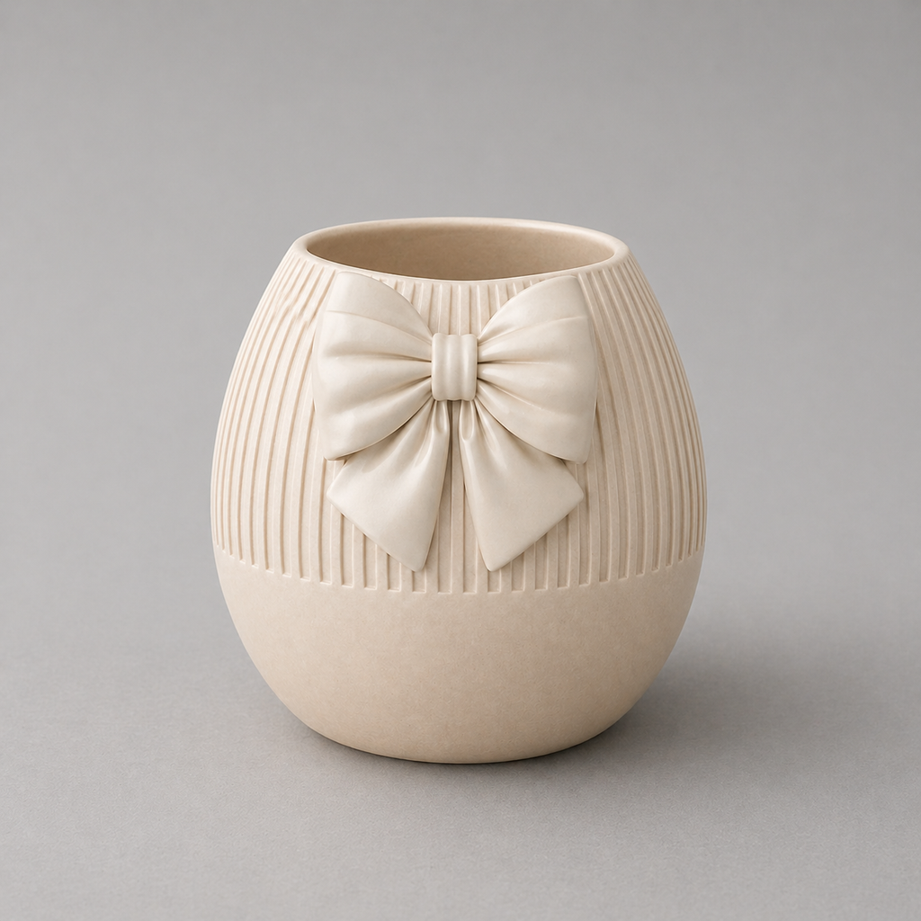 Beige ceramic vase with a decorative bow on a gray background