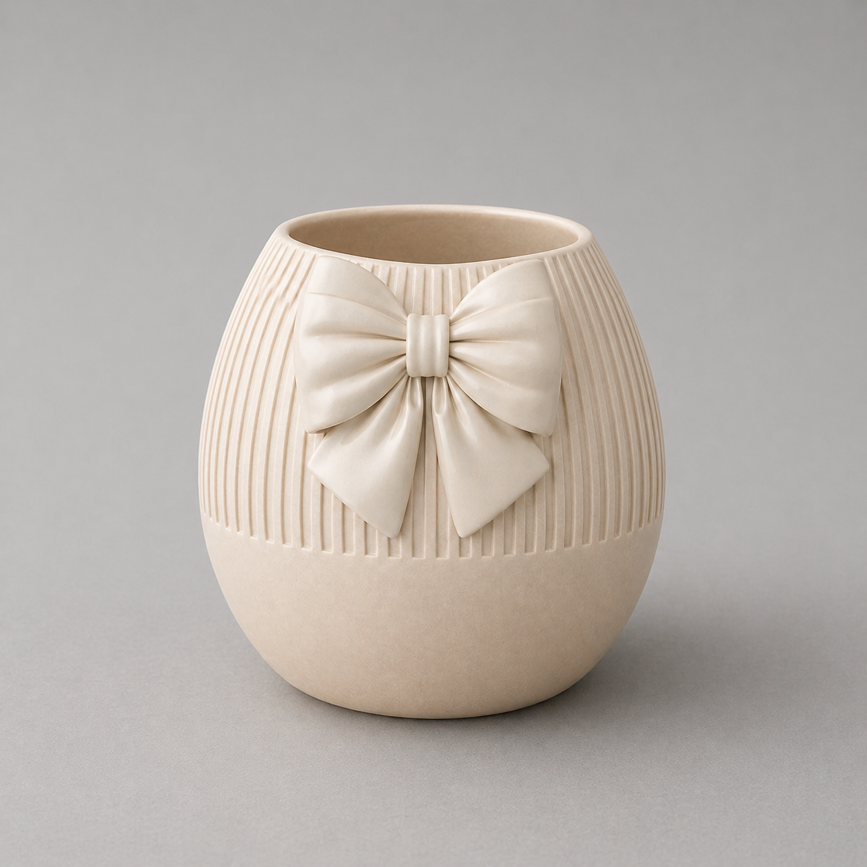 Beige ceramic vase with a decorative bow on a gray background