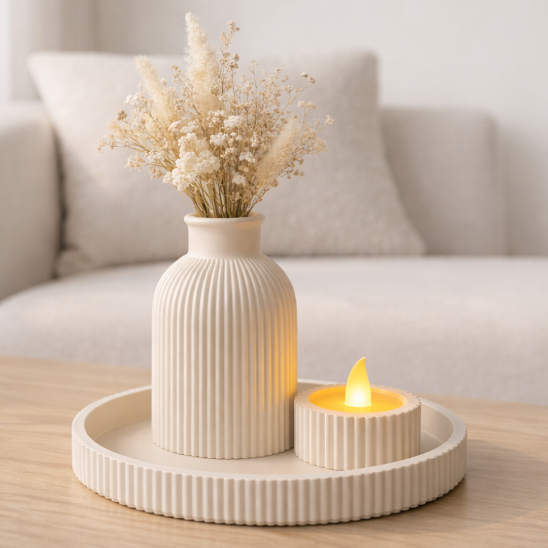 Ribbed Tray Set – Vase, Tealight Holder & Tray