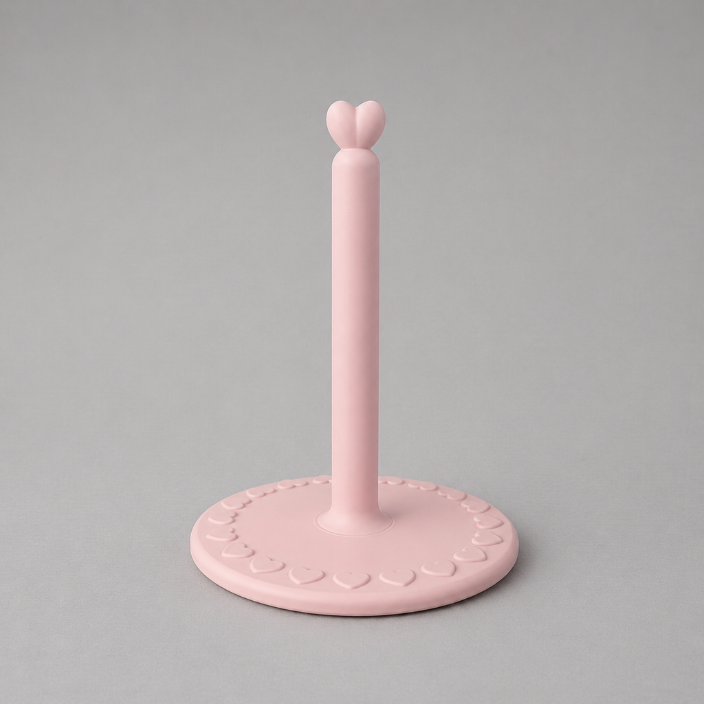 Pink paper towel holder with heart design on a gray background