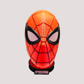 Red Spider-Man Brand New Day inspired wearable mask with black web detailing, shown on its matching display stand