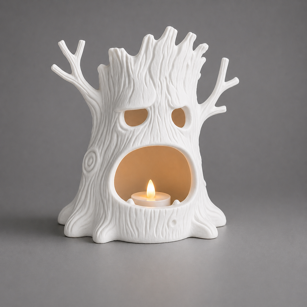 White ceramic tree-shaped candle holder with a lit candle inside on a gray background
