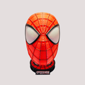 Red Spider-Man inspired wearable mask with black web detailing and white eyes, shown on its matching display stand