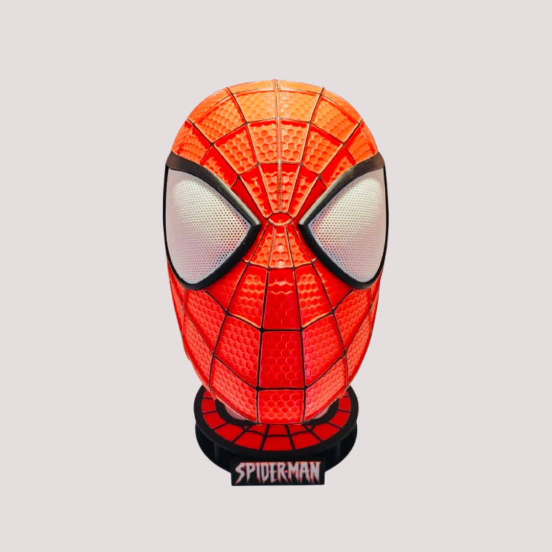 Red Spider-Man inspired wearable mask with black web detailing and white eyes, shown on its matching display stand