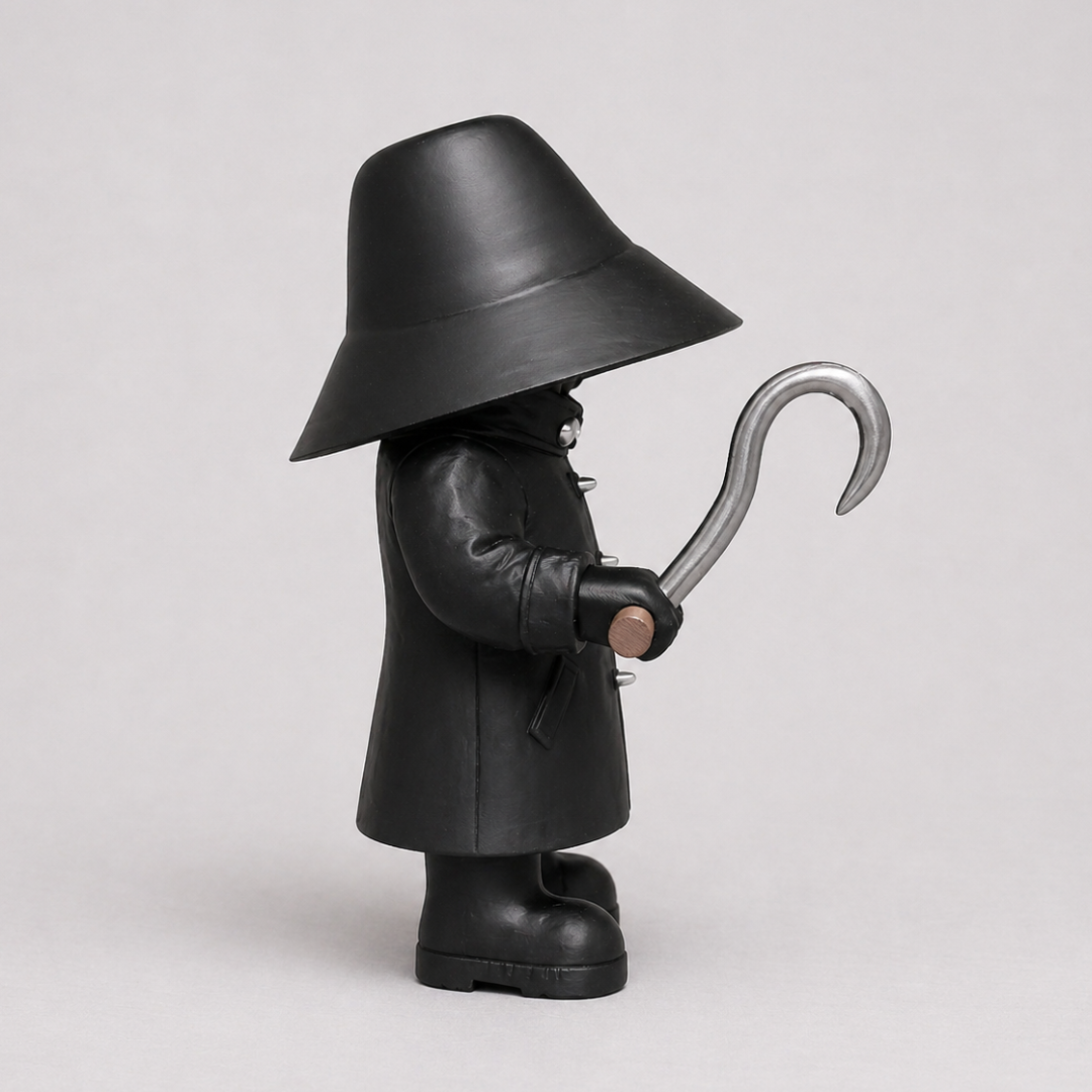 Black figure with a wide-brimmed hat, coat, boots, and a curved stick on a light gray background