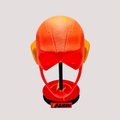 Red and yellow The Flash inspired wearable mask shown on its matching display stand