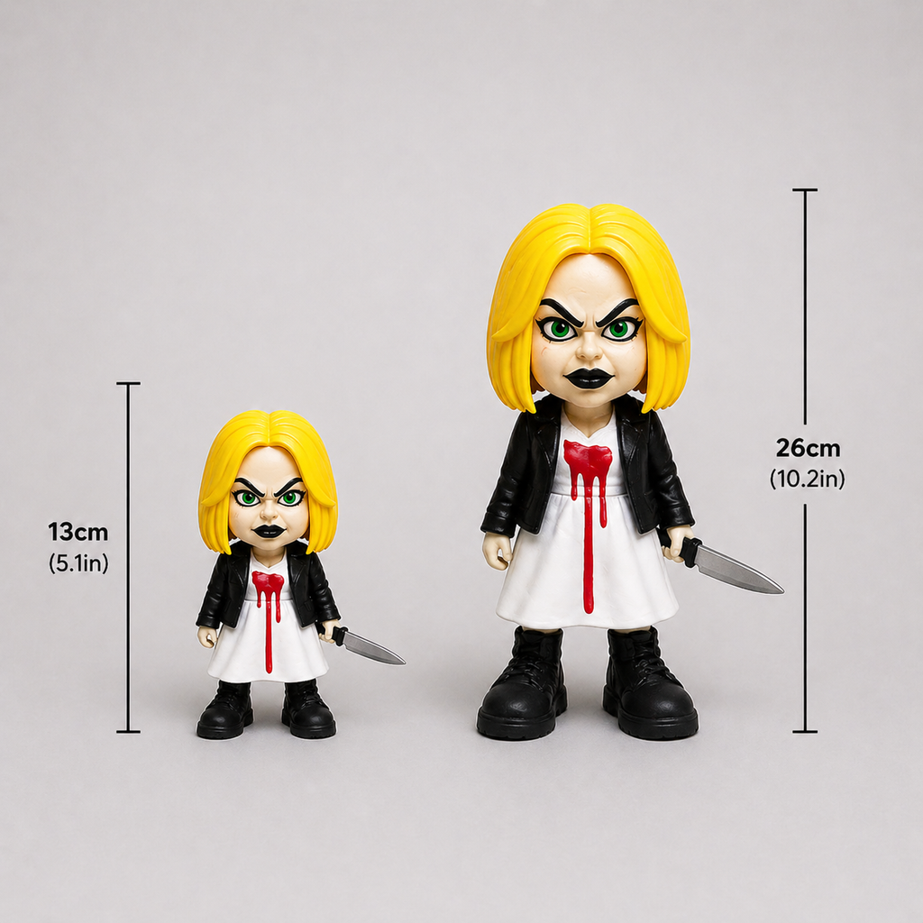 Two action figures with yellow hair and black leather jackets, one holding a knife, on a gray background with measurements indicated.