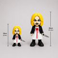 Two action figures with yellow hair and black leather jackets, one holding a knife, on a gray background with measurements indicated.