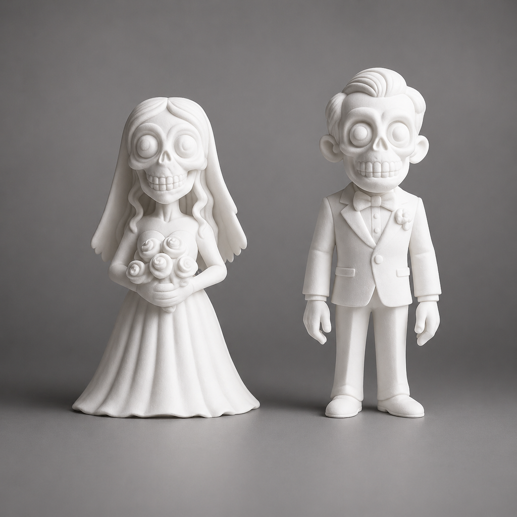 Two white ceramic figures of a bride and groom with skeleton faces on a gray background