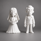 Two white ceramic figures of a bride and groom with skeleton faces on a gray background