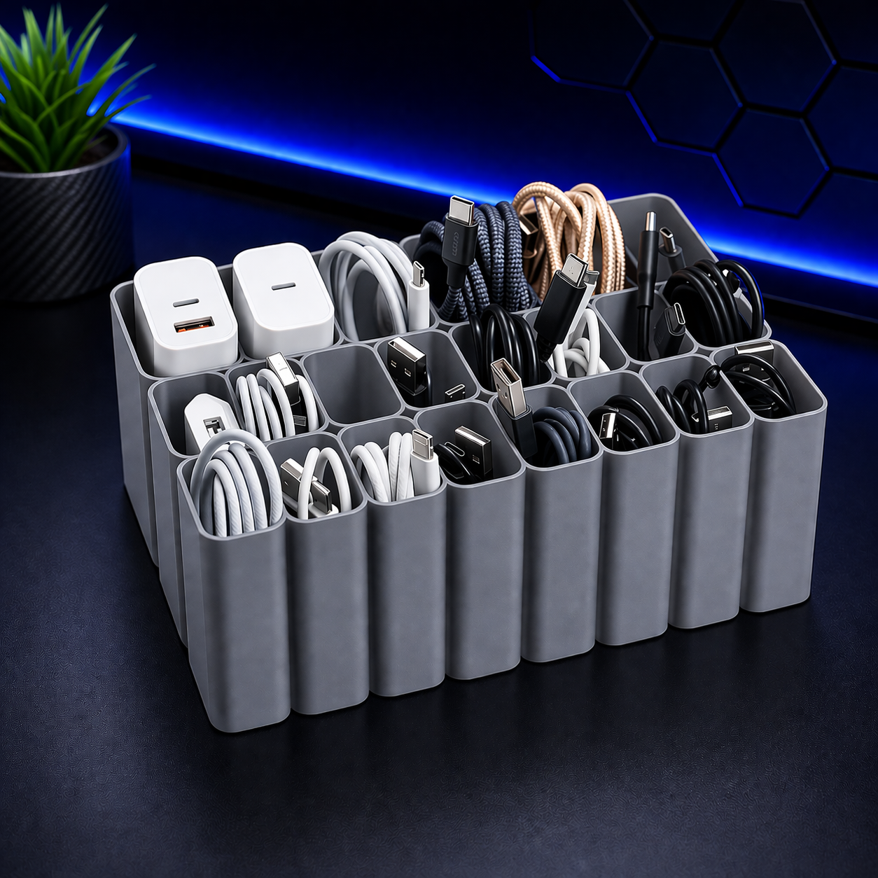 Gray organizer with compartments holding various electronic cables and adapters on a dark surface.