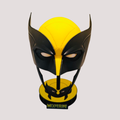 Yellow and black Wolverine inspired wearable mask shown on its matching display stand