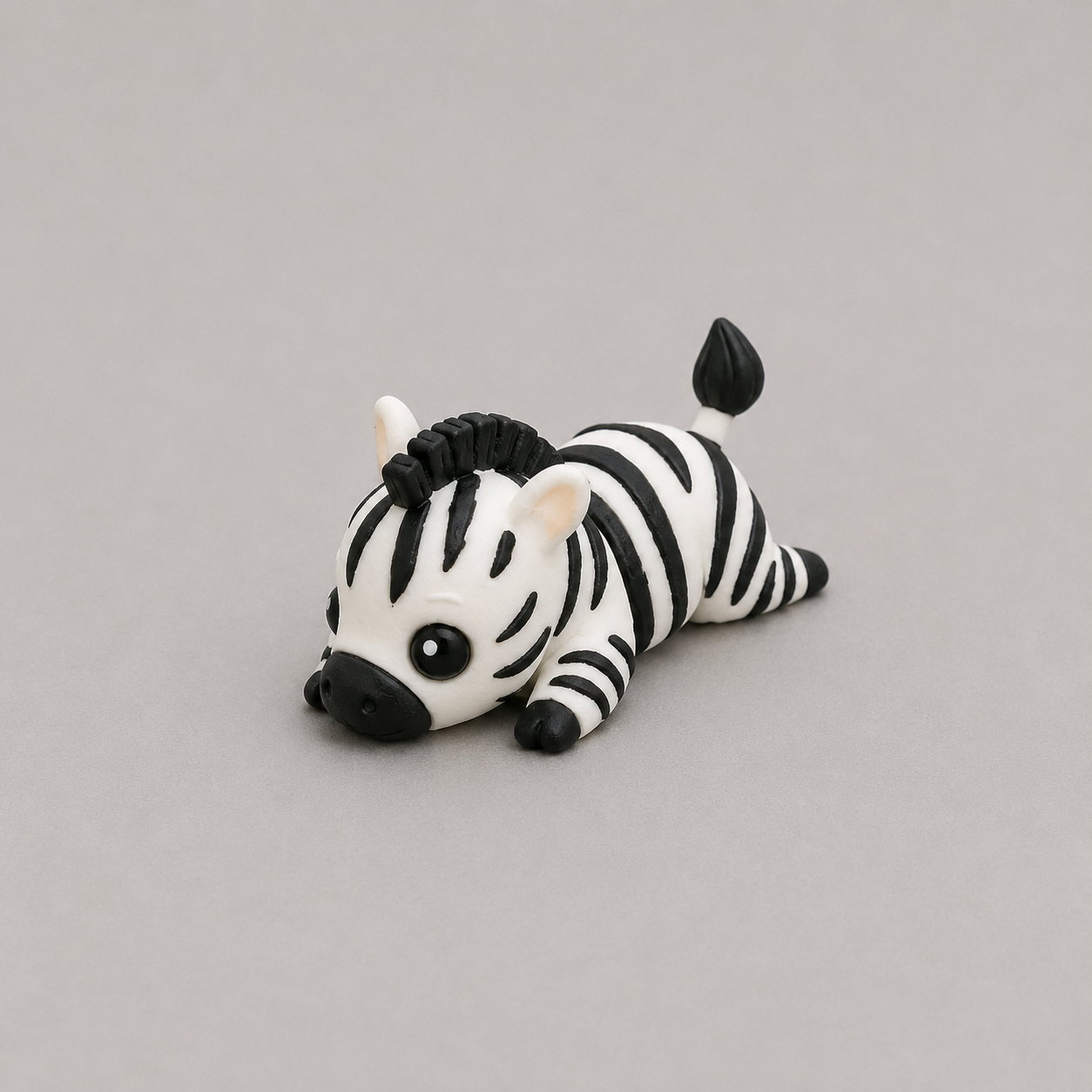 3D printed Teeny Zebra figure in black and white stripes, lying down