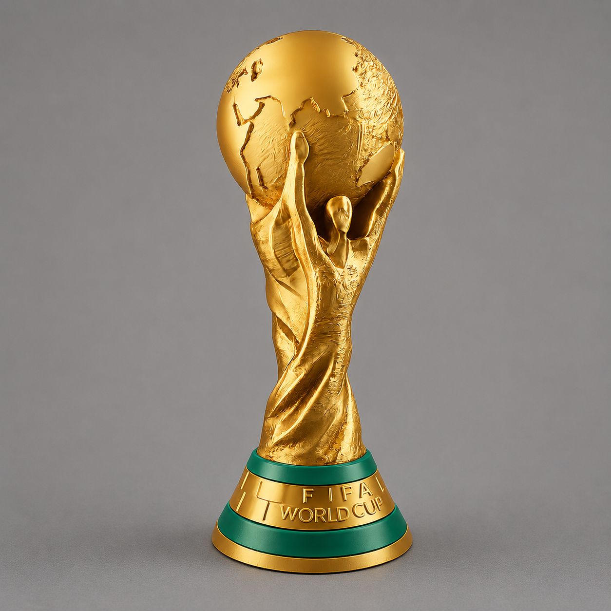 Gold FIFA World Cup trophy on a gray background